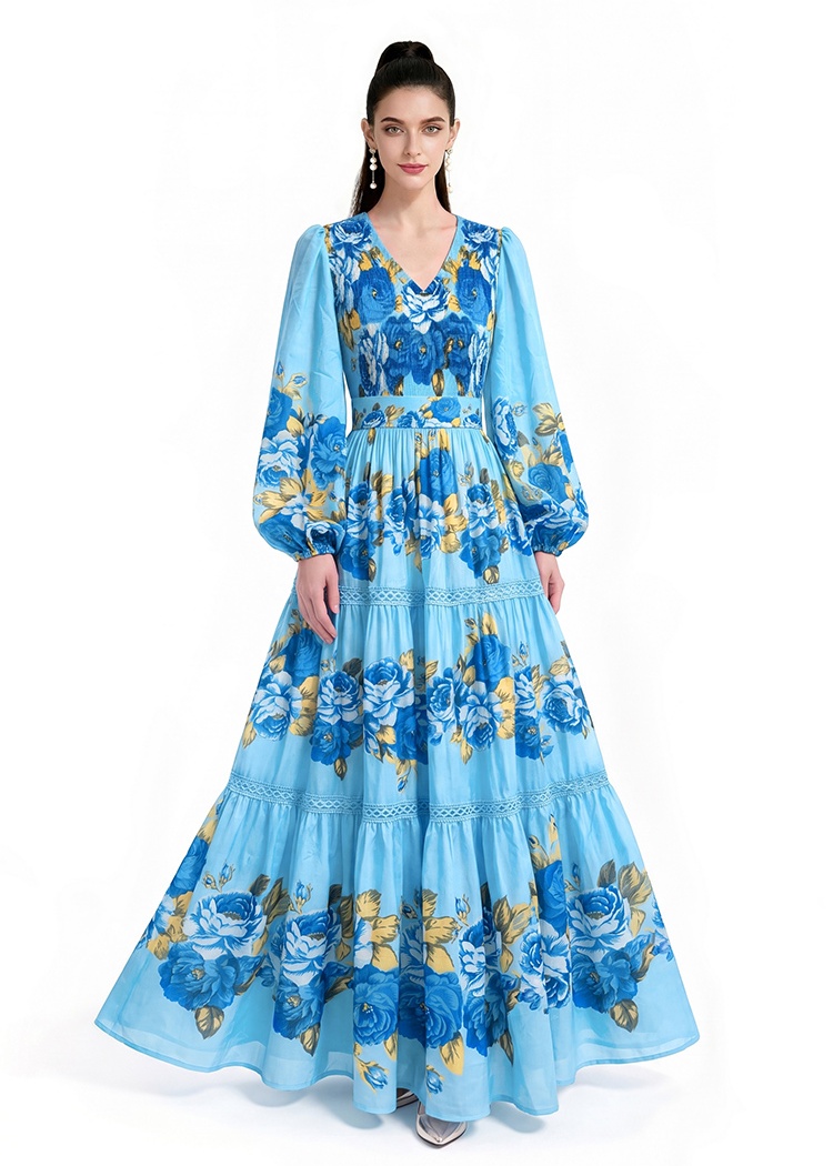 Printing floor length long sleeve dress