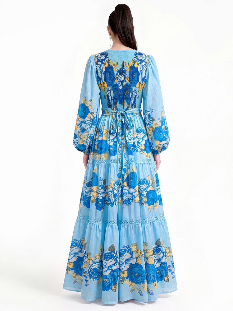 Printing floor length long sleeve dress
