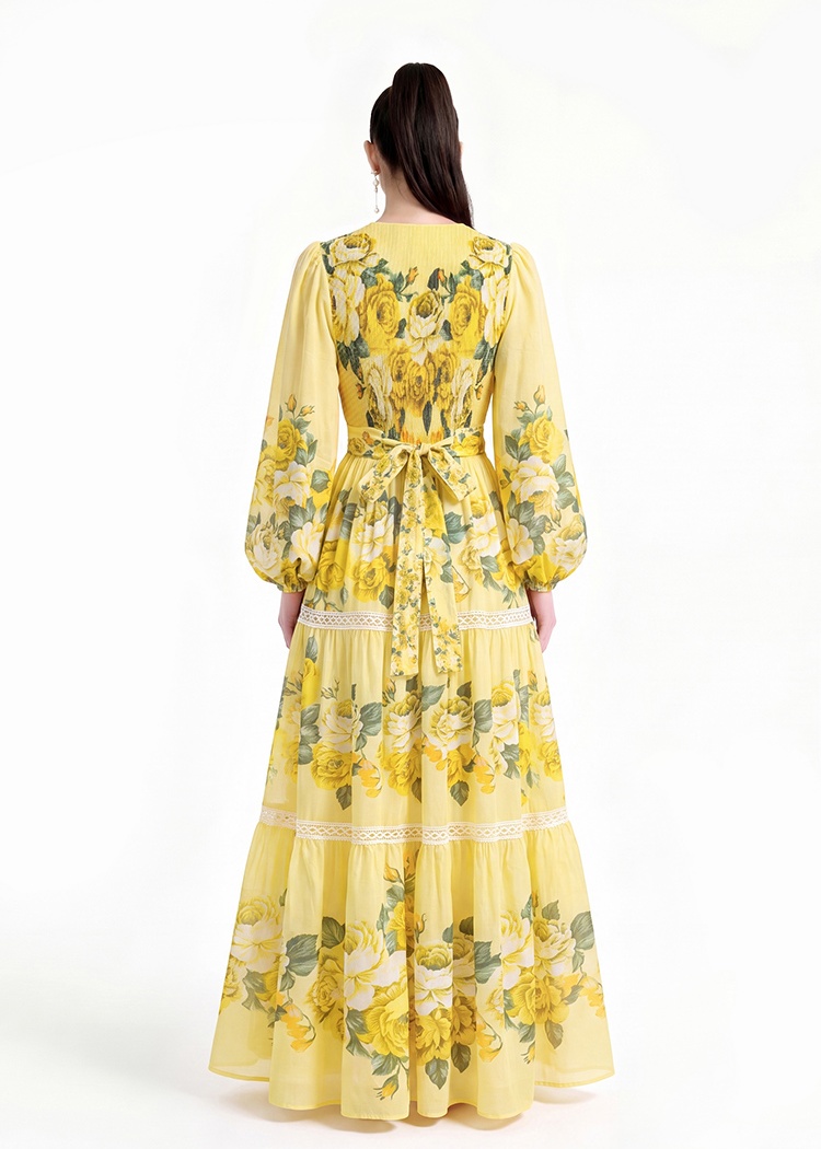 Printing floor length long sleeve dress