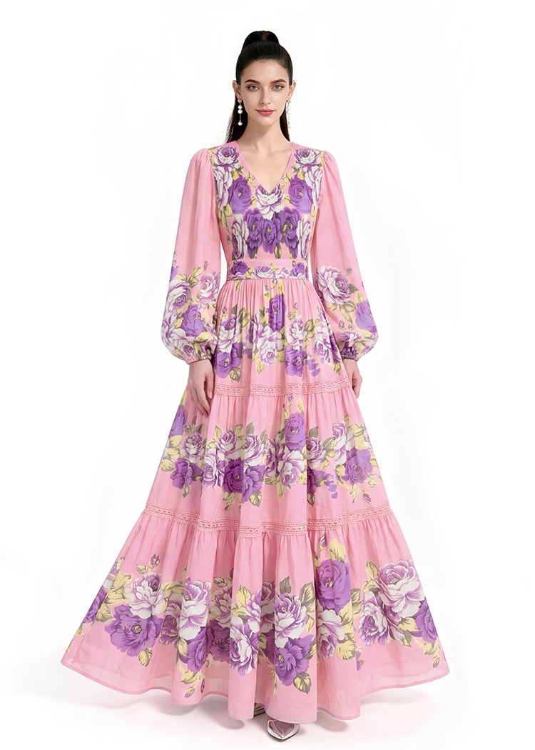 Printing floor length long sleeve dress