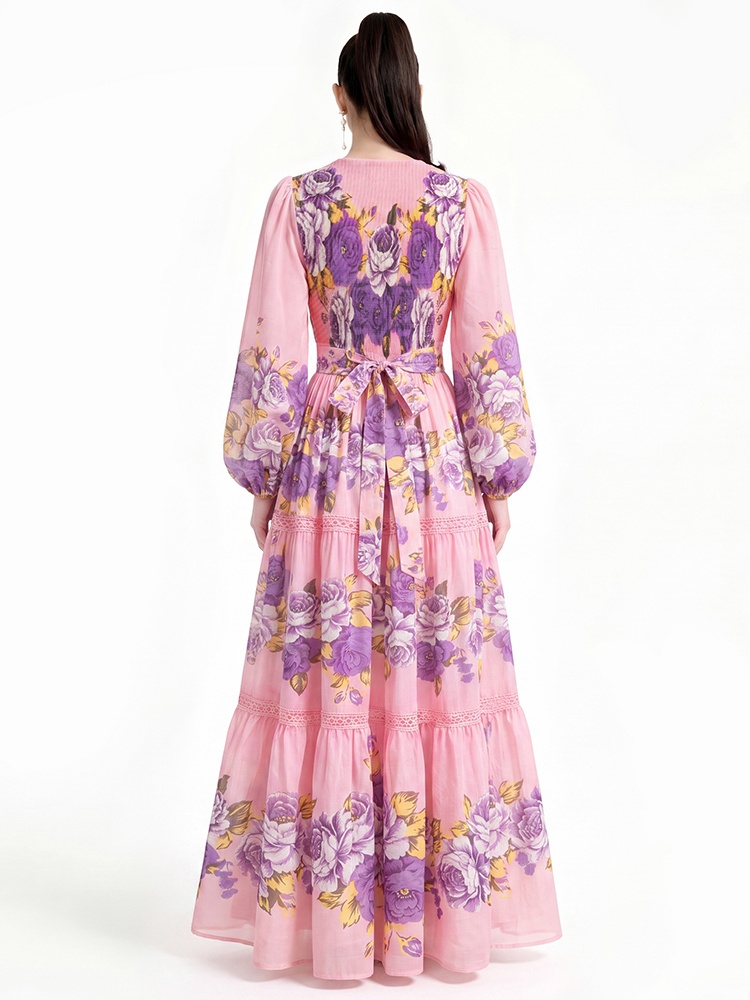 Printing floor length long sleeve dress