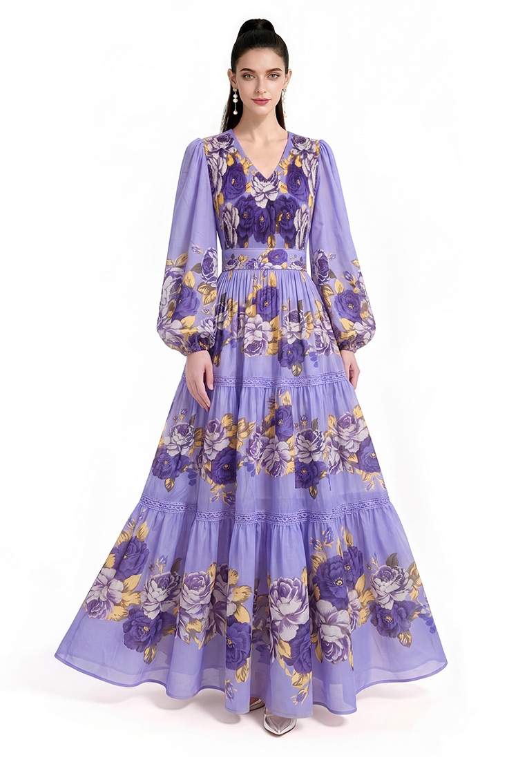 Printing floor length long sleeve dress