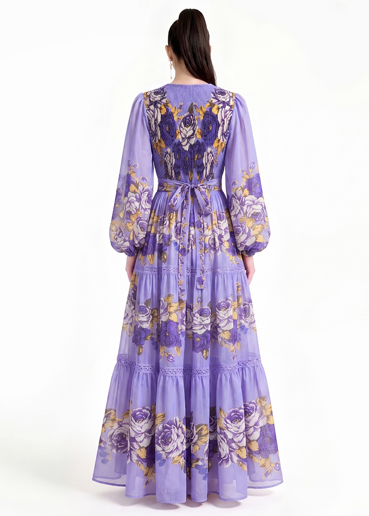 Printing floor length long sleeve dress