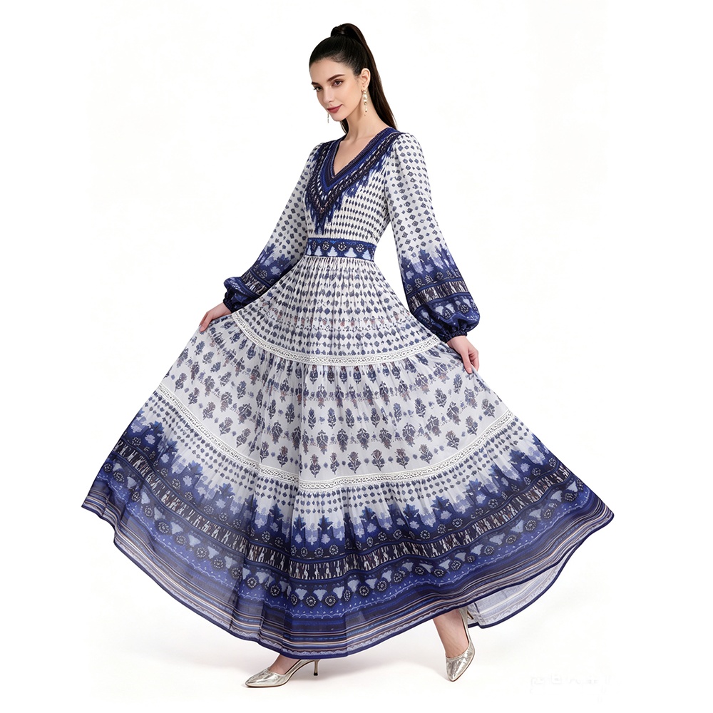 Long sleeve printing floor length dress