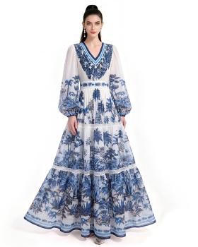 Floor length long sleeve printing dress