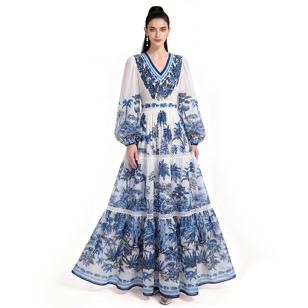 Floor length long sleeve printing dress