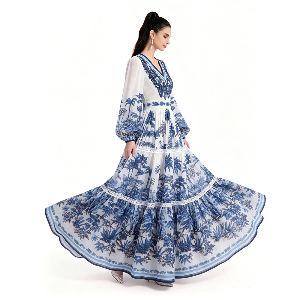 Floor length long sleeve printing dress