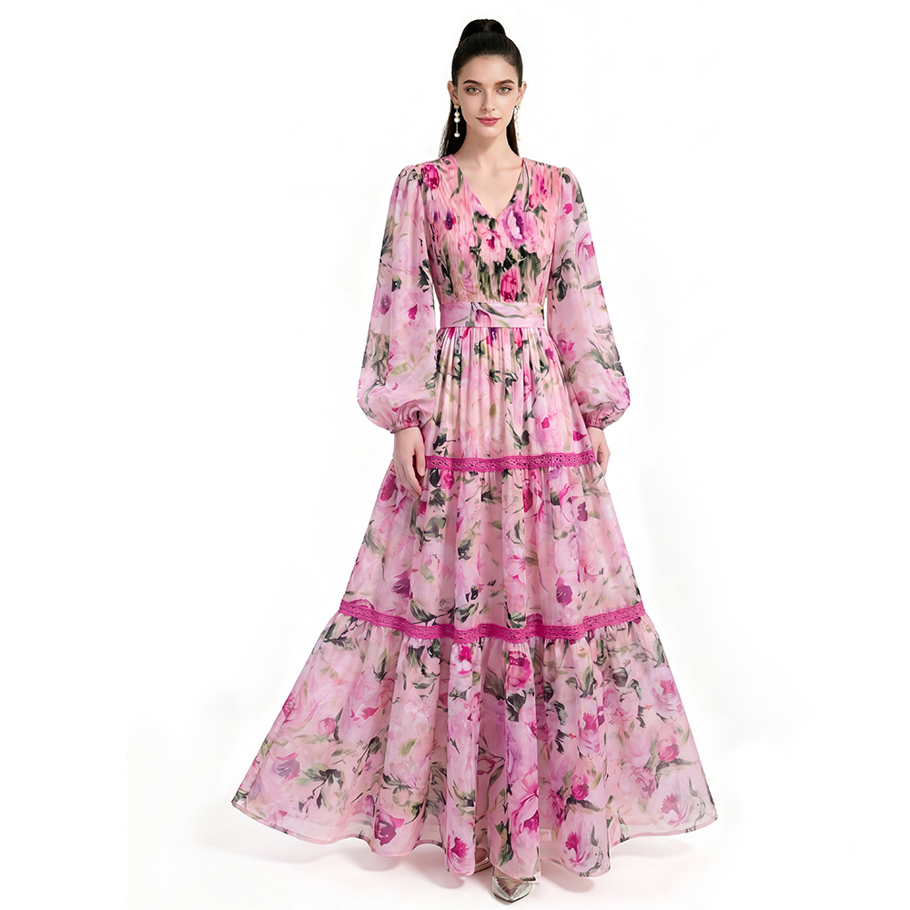 Floor length long sleeve printing dress