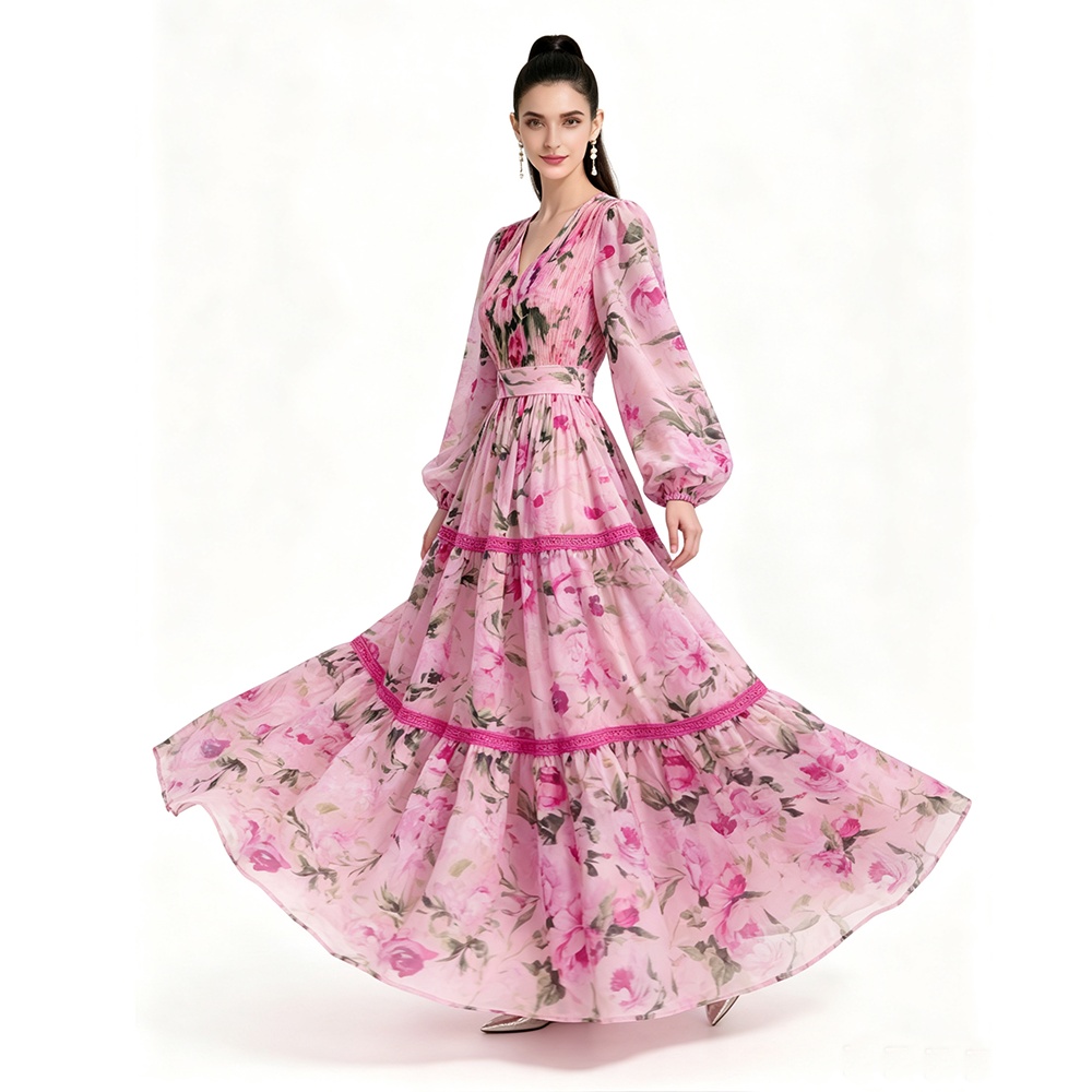 Floor length long sleeve printing dress