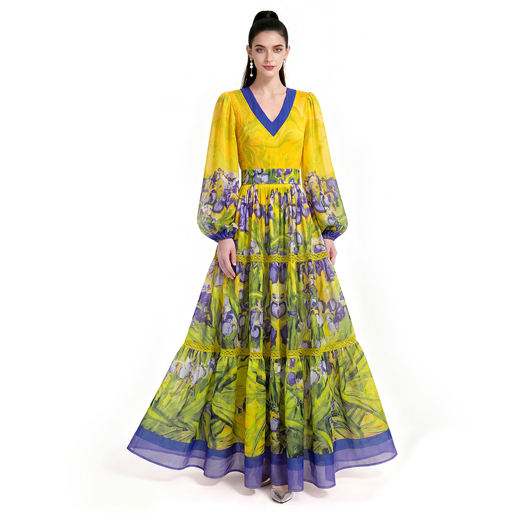 Floor length printing long sleeve dress