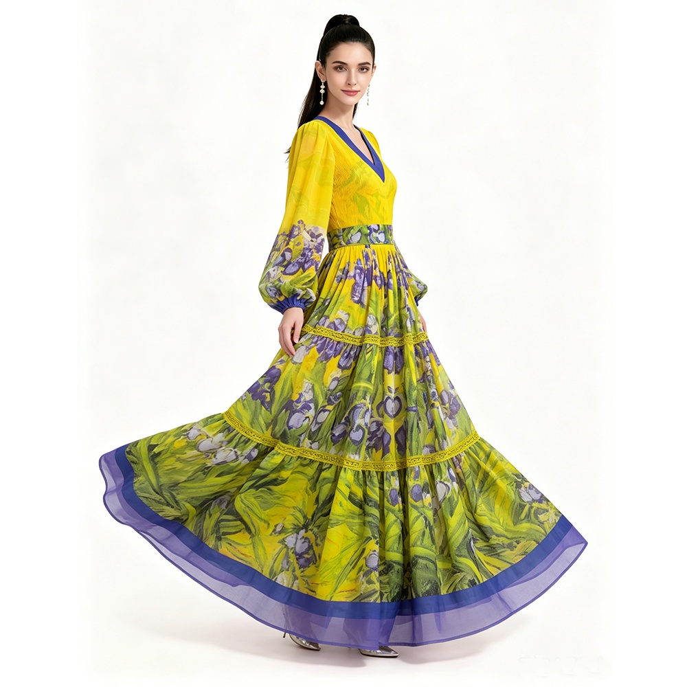 Floor length printing long sleeve dress