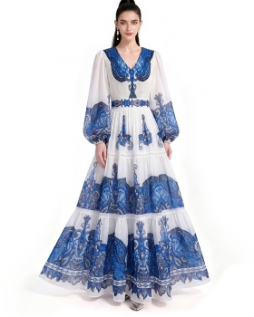 Long sleeve floor length printing dress