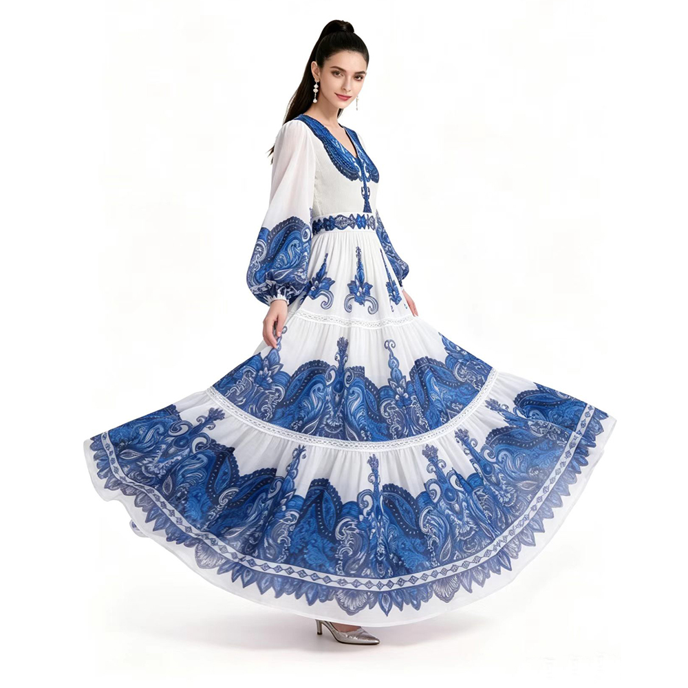 Long sleeve floor length printing dress