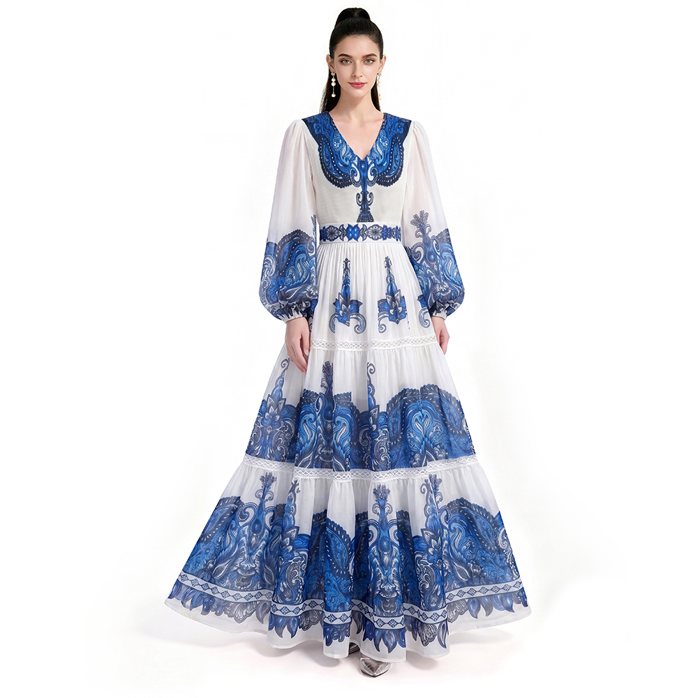 Long sleeve floor length printing dress