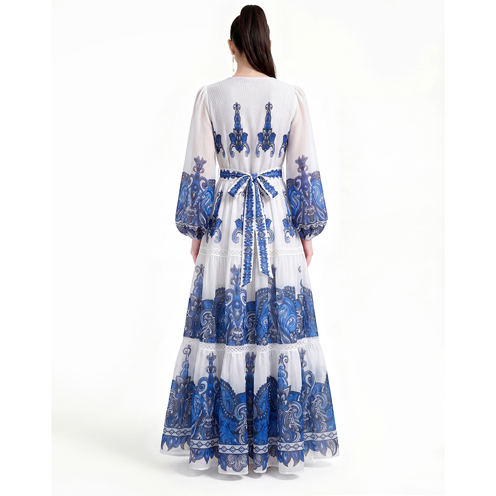 Long sleeve floor length printing dress