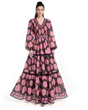 Printing long sleeve floor length dress