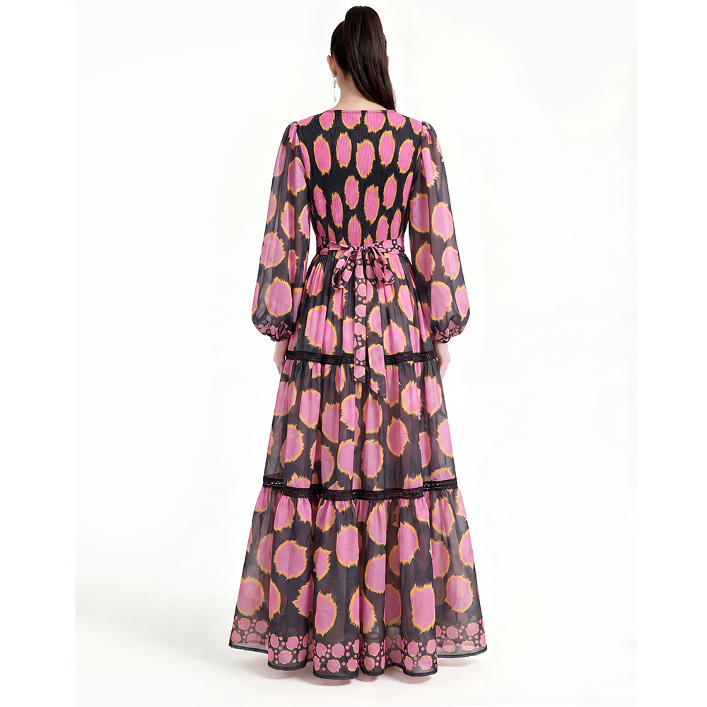 Printing long sleeve floor length dress