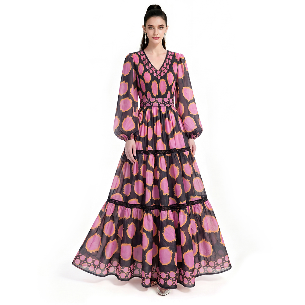 Printing long sleeve floor length dress