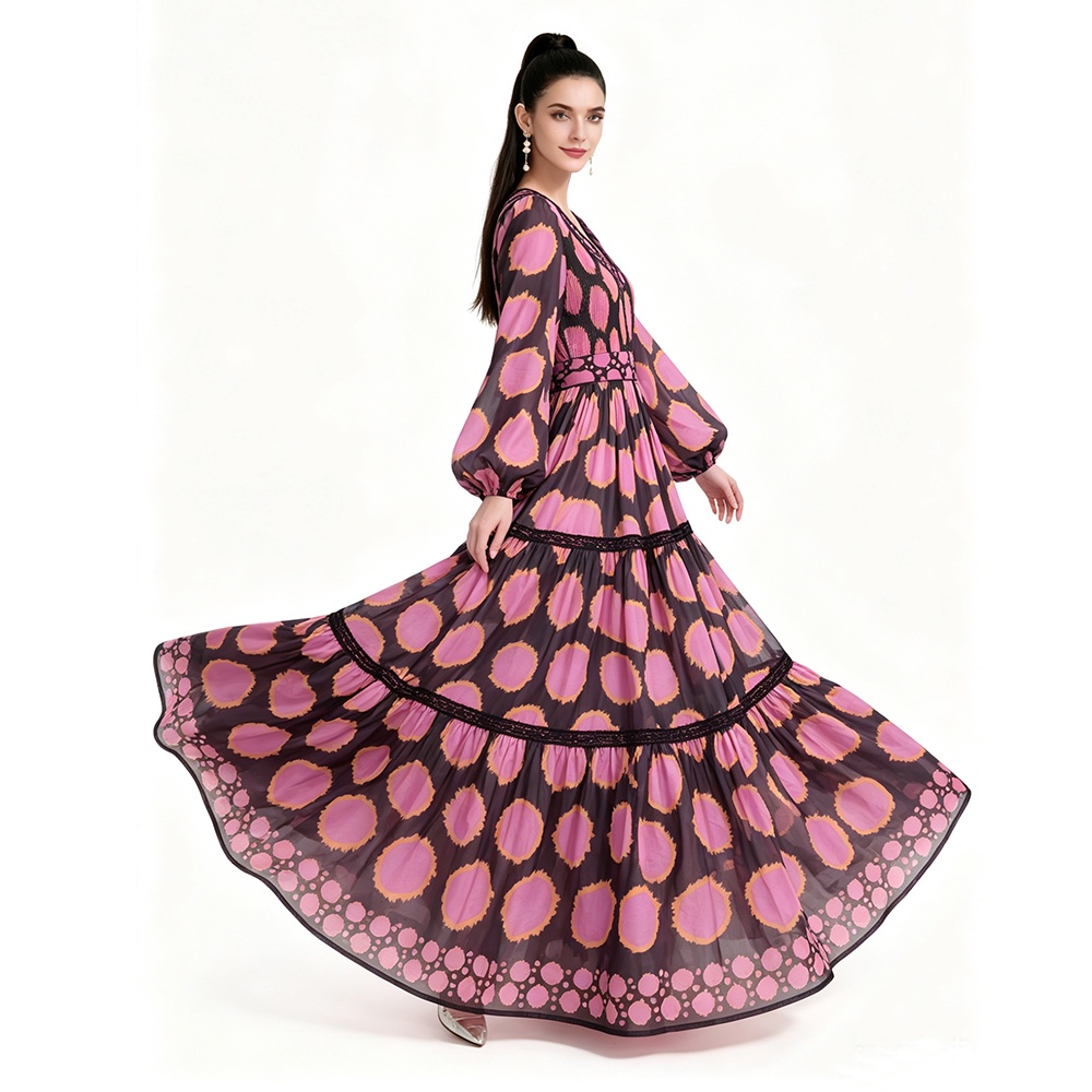Printing long sleeve floor length dress