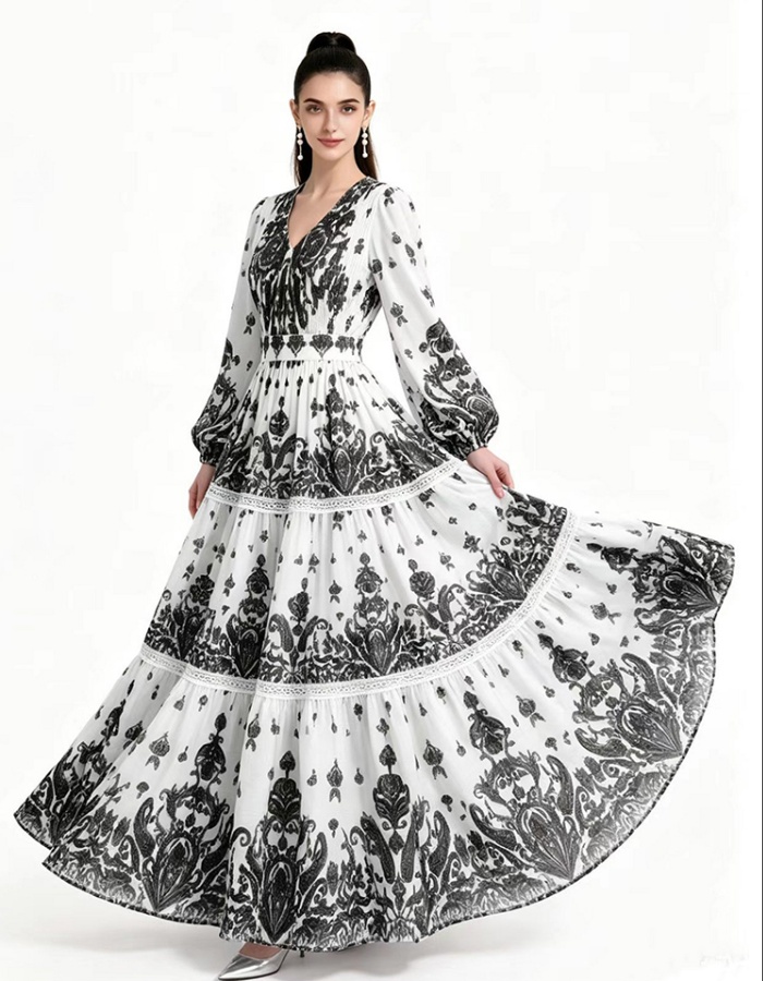 Floor length long sleeve printing dress