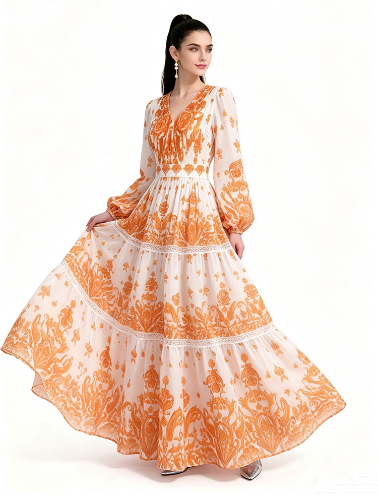 Floor length long sleeve printing dress