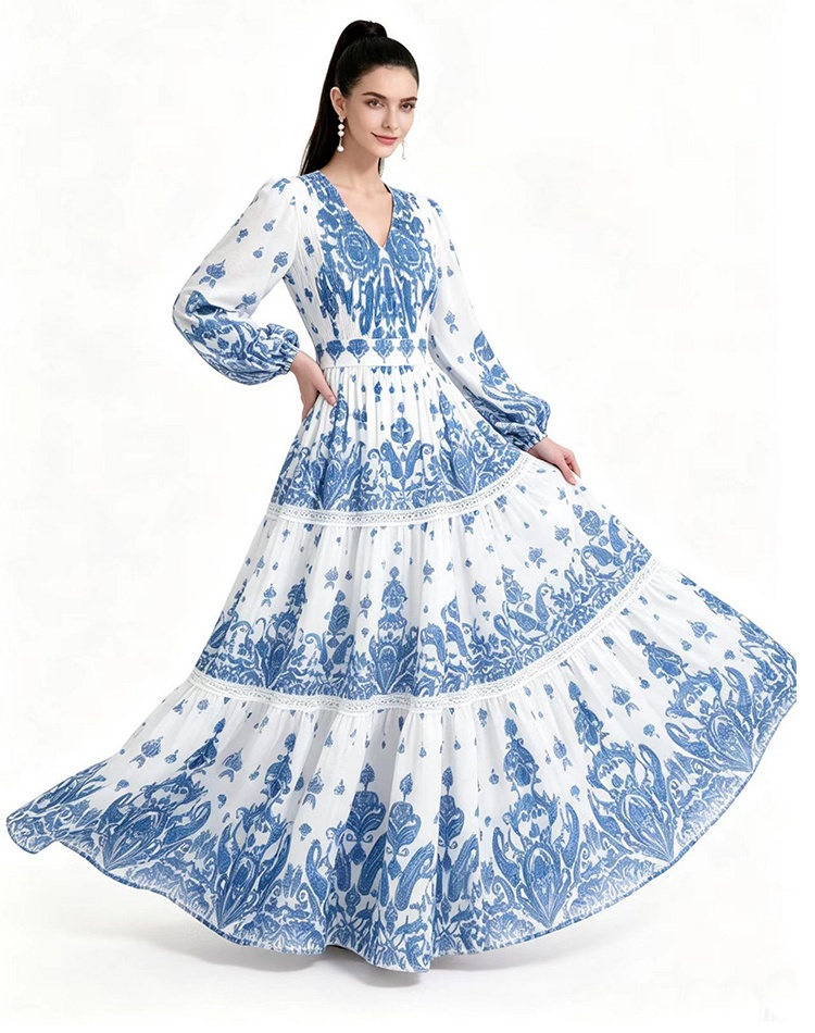 Floor length long sleeve printing dress