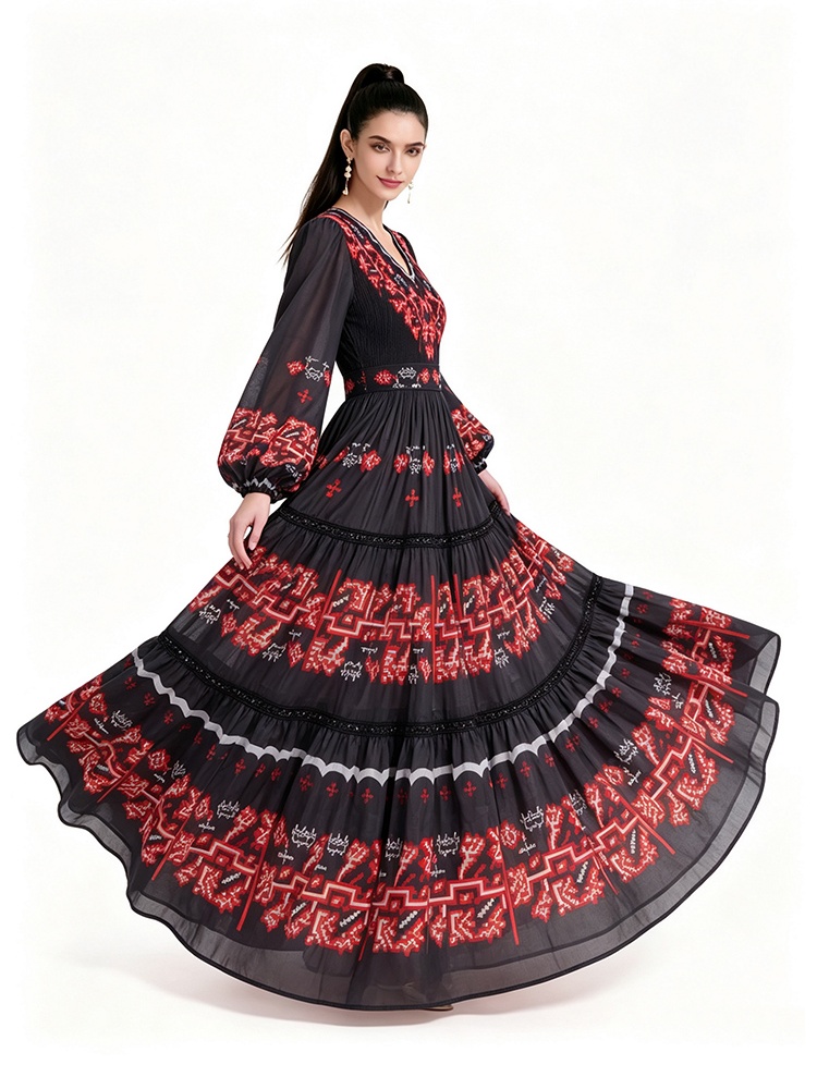 Long sleeve floor length printing dress