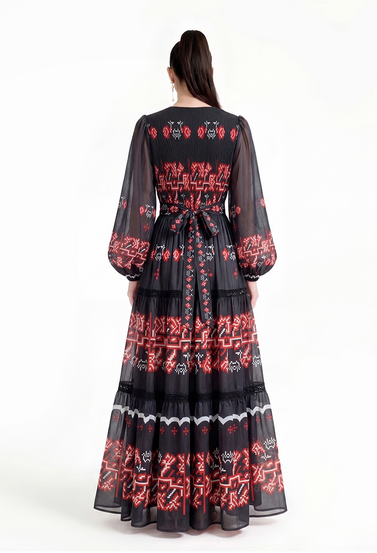 Long sleeve floor length printing dress
