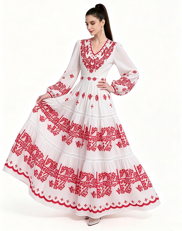 Long sleeve floor length printing dress