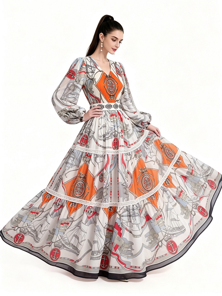 Floor length long sleeve printing dress