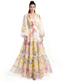 Long sleeve floor length printing dress
