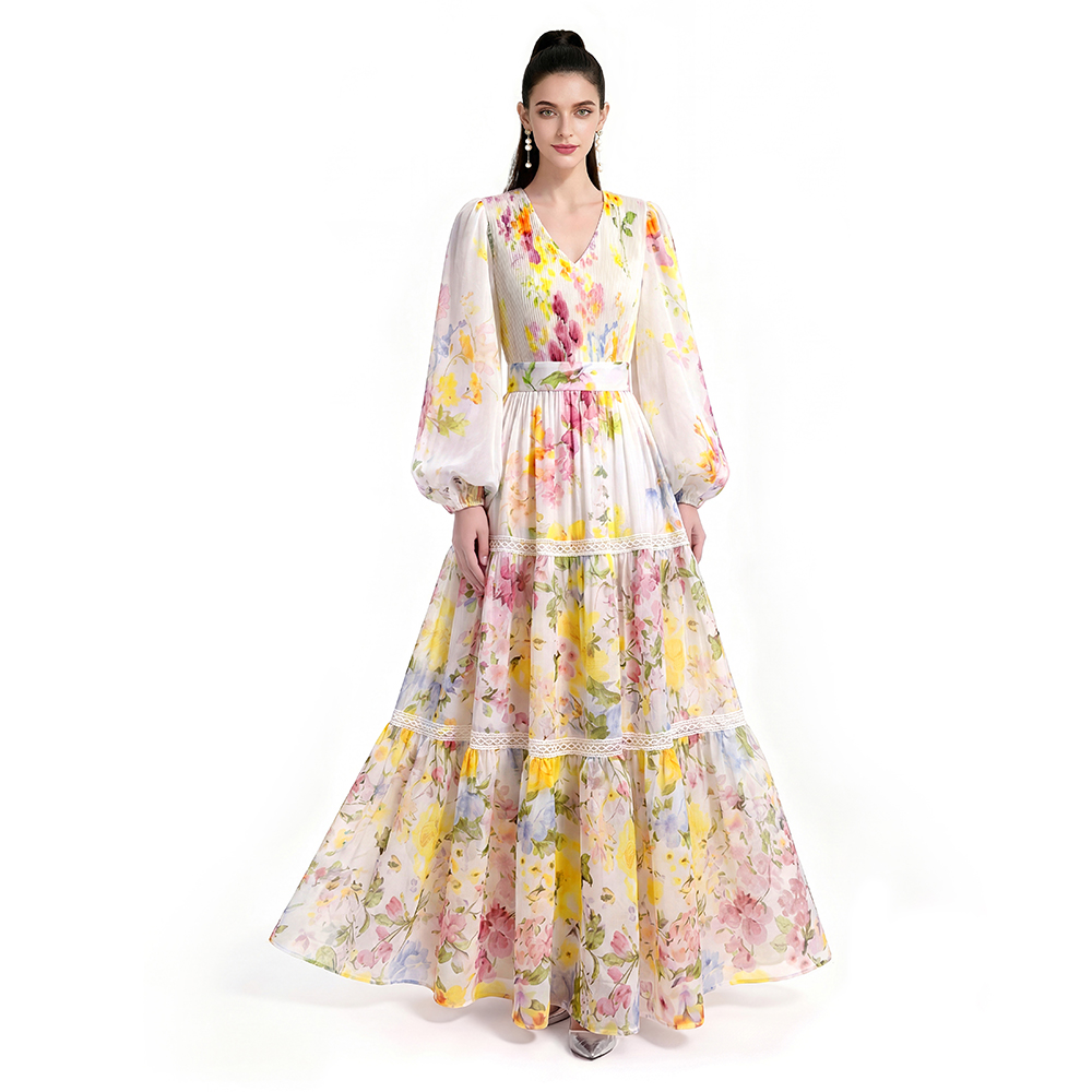Long sleeve floor length printing dress