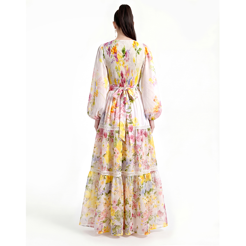 Long sleeve floor length printing dress