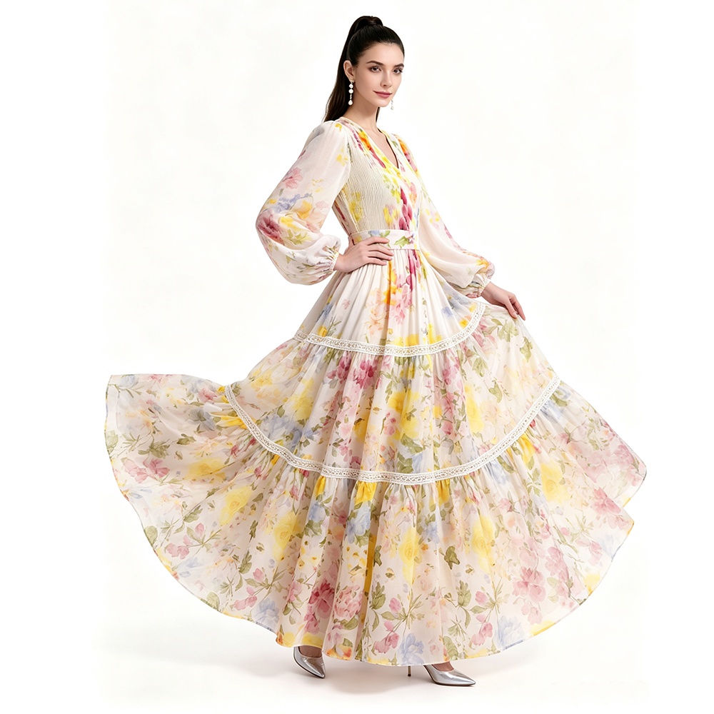 Long sleeve floor length printing dress