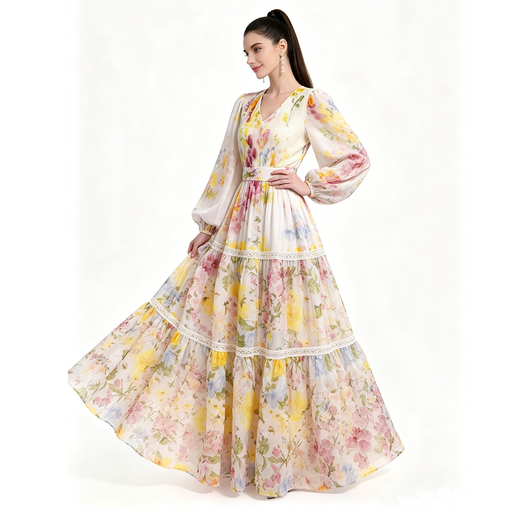 Long sleeve floor length printing dress