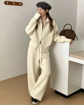 Double zip sweater wide leg pants 2pcs set for women