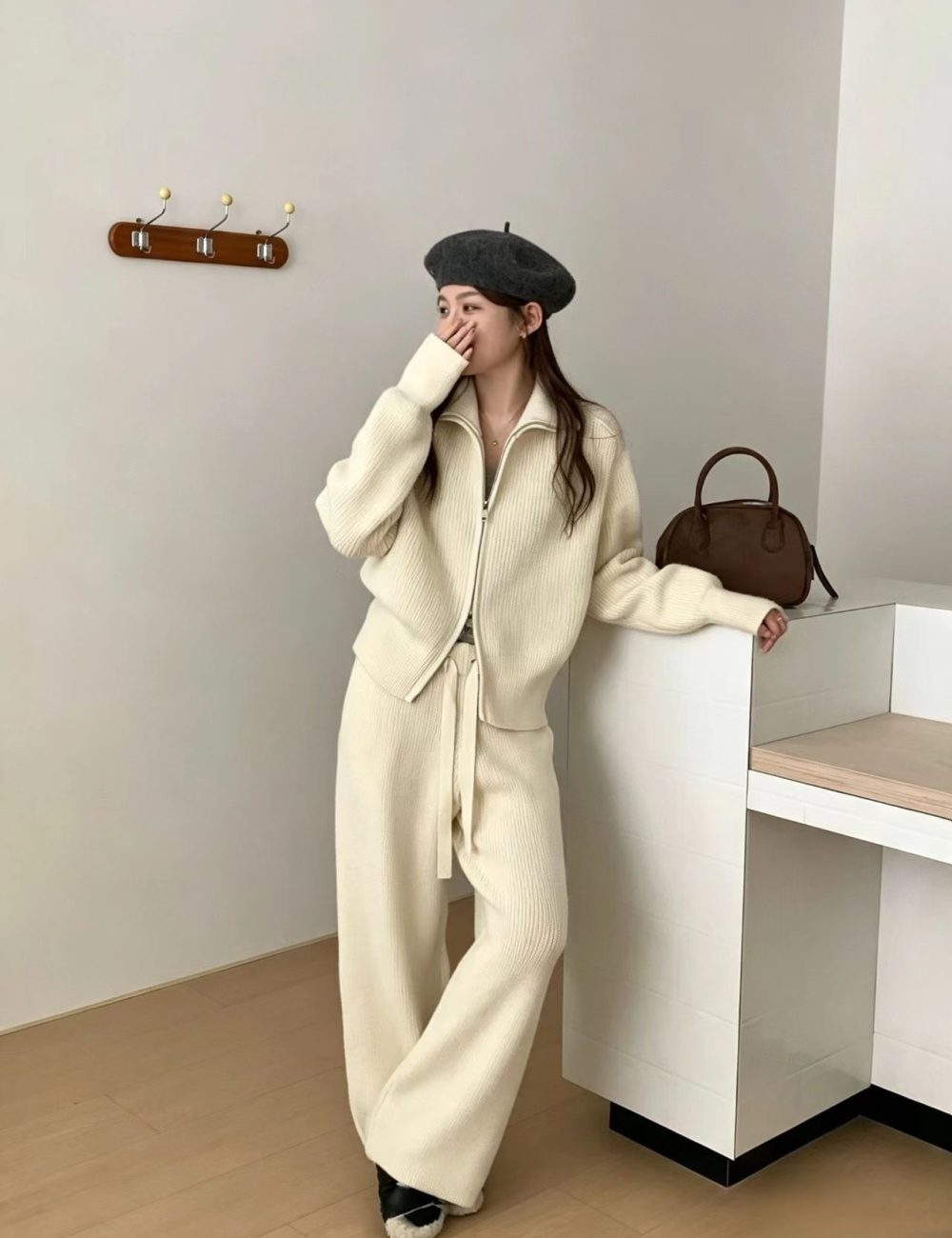Double zip sweater wide leg pants 2pcs set for women