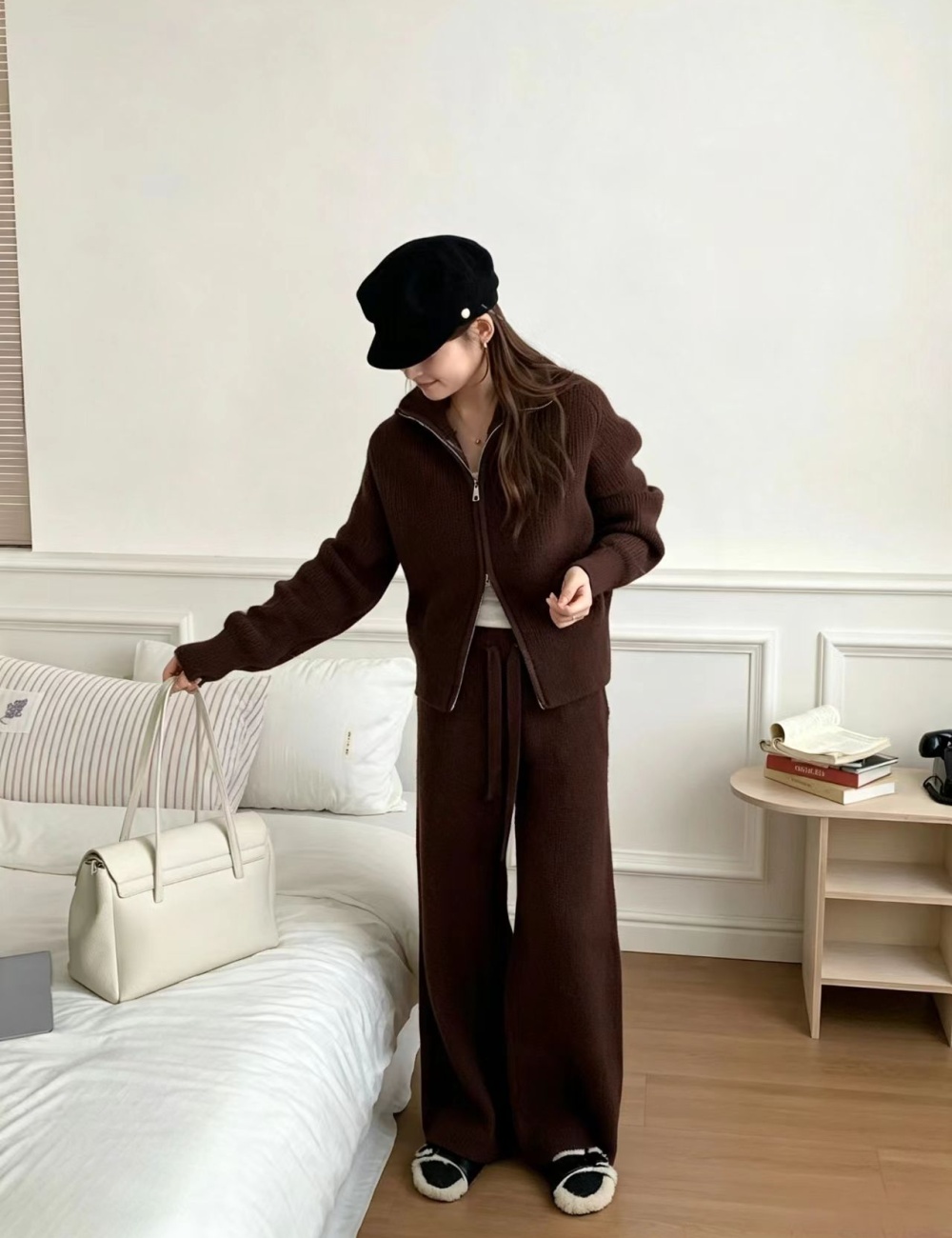 Double zip sweater wide leg pants 2pcs set for women