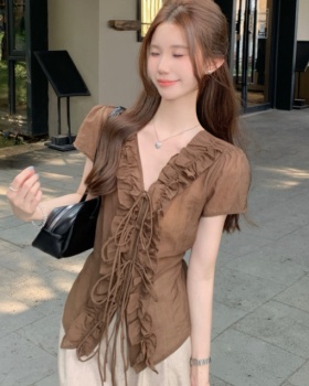 Lotus leaf edges V-neck tops summer shirt for women