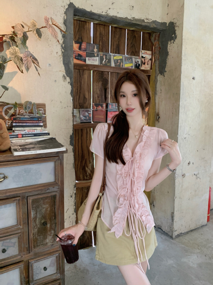 Lotus leaf edges V-neck tops summer shirt for women