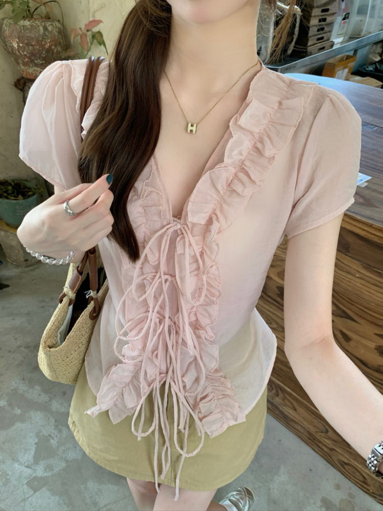 Lotus leaf edges V-neck tops summer shirt for women