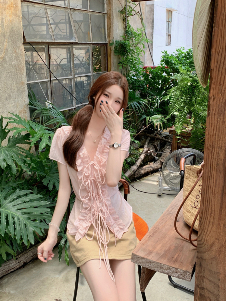 Lotus leaf edges V-neck tops summer shirt for women