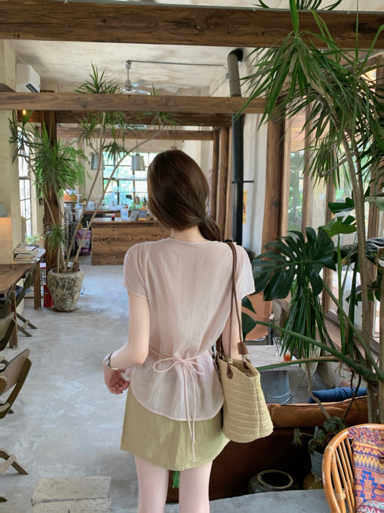 Lotus leaf edges V-neck tops summer shirt for women
