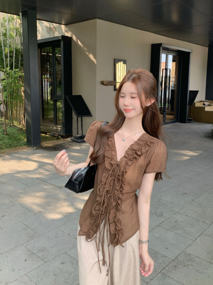 Lotus leaf edges V-neck tops summer shirt for women