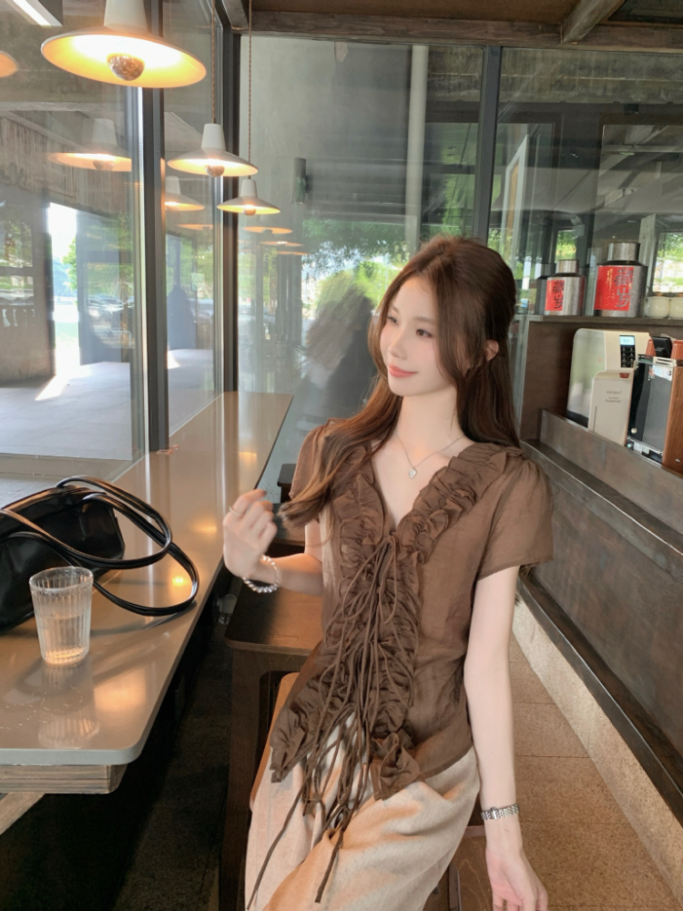 Lotus leaf edges V-neck tops summer shirt for women