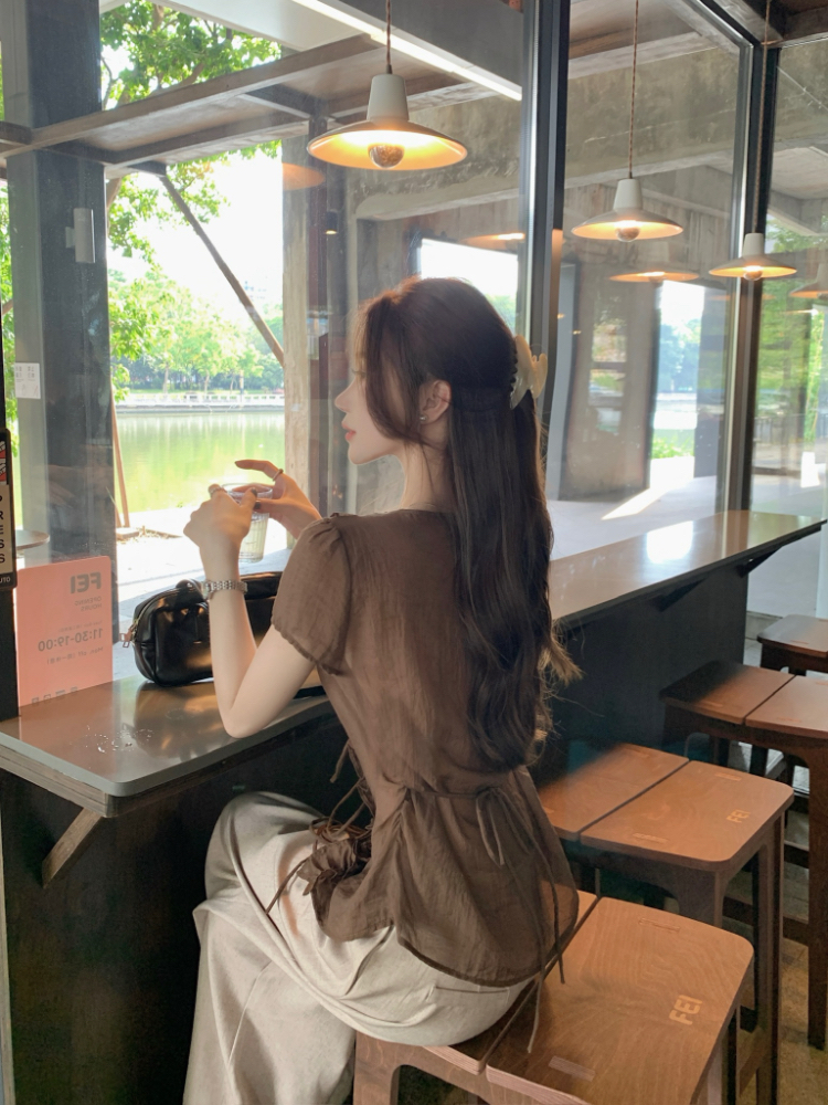 Lotus leaf edges V-neck tops summer shirt for women
