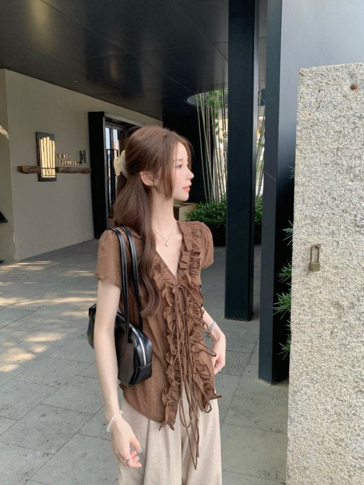 Lotus leaf edges V-neck tops summer shirt for women