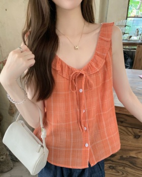 Korean style blue loose vest all-match plaid shirt for women