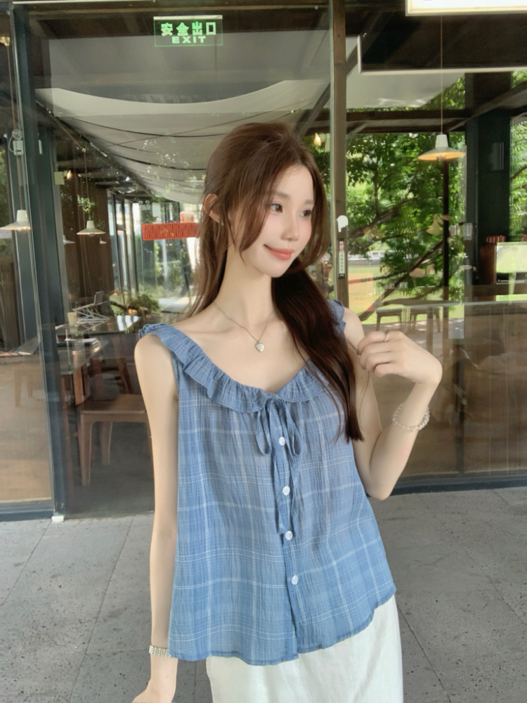 Korean style blue loose vest all-match plaid shirt for women