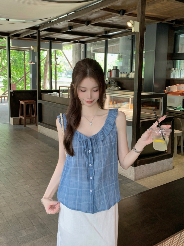 Korean style blue loose vest all-match plaid shirt for women